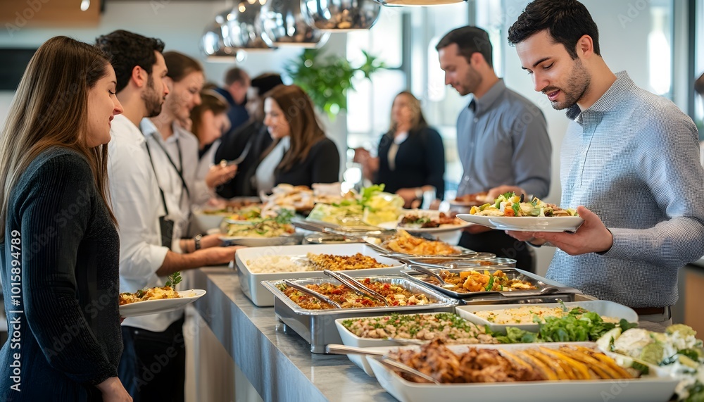 Office Workers Serving Themselves at a Buffet Office Workers Serving Themselves at a Buffet