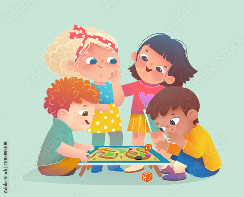 Girls and boys playing board game on the table together, children leisure and hobby playing games. Kids education and learning character design. Vector illustration for school and kindergarten.