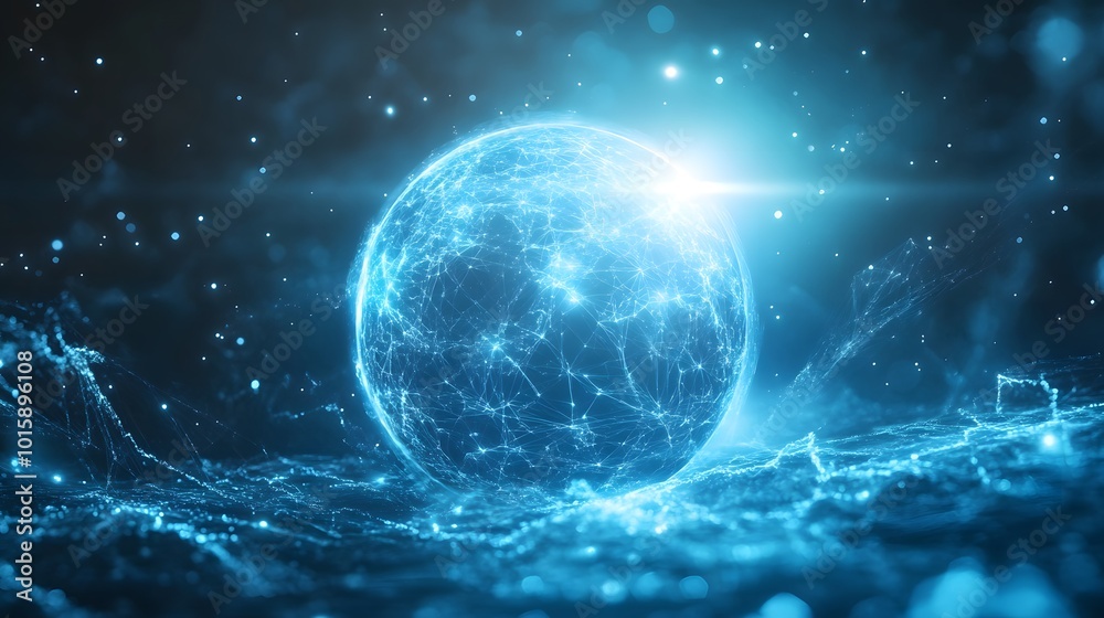 Futuristic Blue Network Globe With Bokeh Lights Futuristic Blue Network Globe With Bokeh Lights