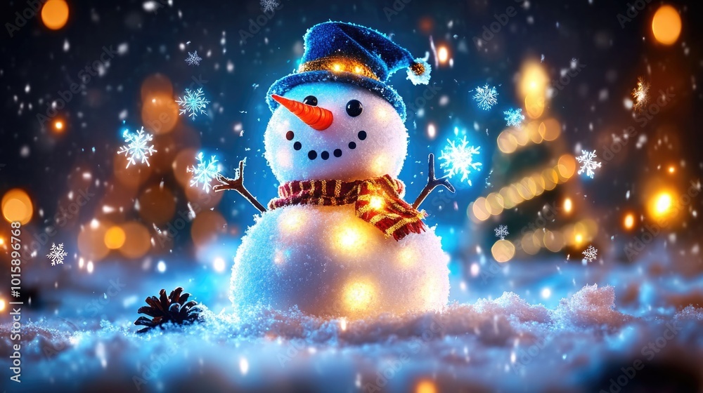 Festive christmas scene with cheerful snowman and sparkling lights Festive christmas scene with cheerful snowman and sparkling lights