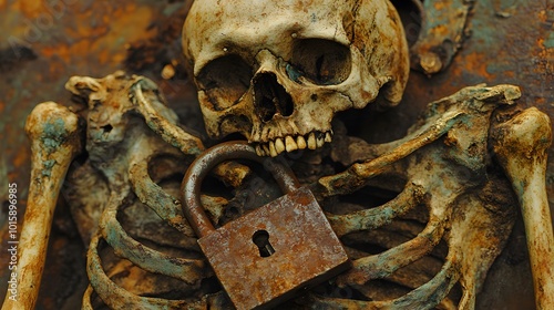 Human skull locked with padlock, symbolizing pain, fear, and bone pain. photo