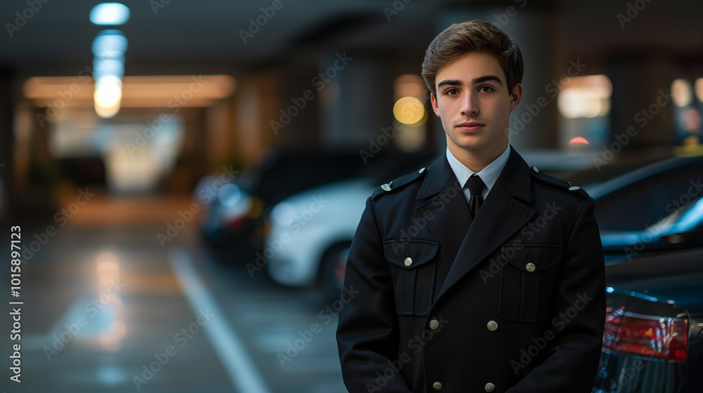 The professional valet: A young man in uniform promoting valet parking service The professional valet: A young man in uniform promoting valet parking service