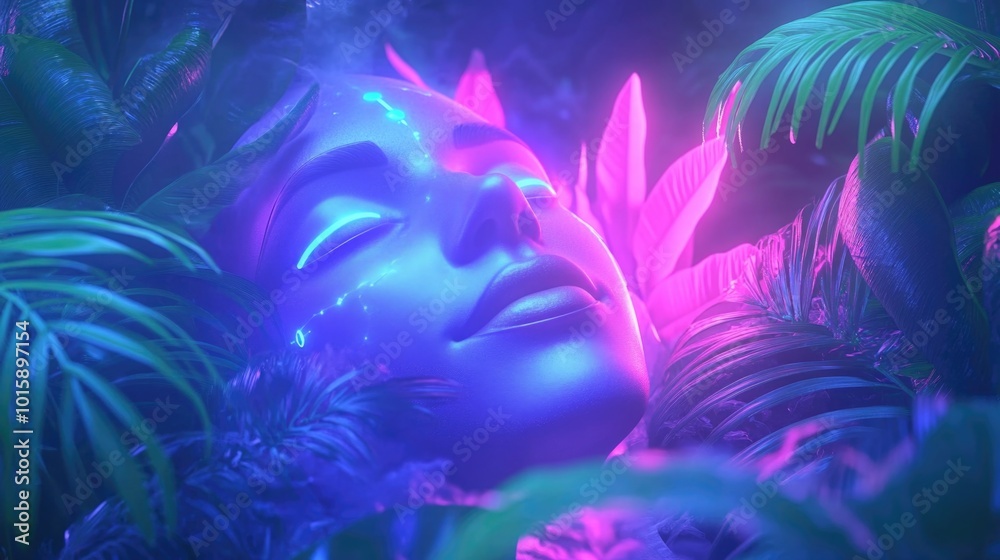 Futuristic cosmetology concept with neon glow and tropical foliage Futuristic cosmetology concept with neon glow and tropical foliage