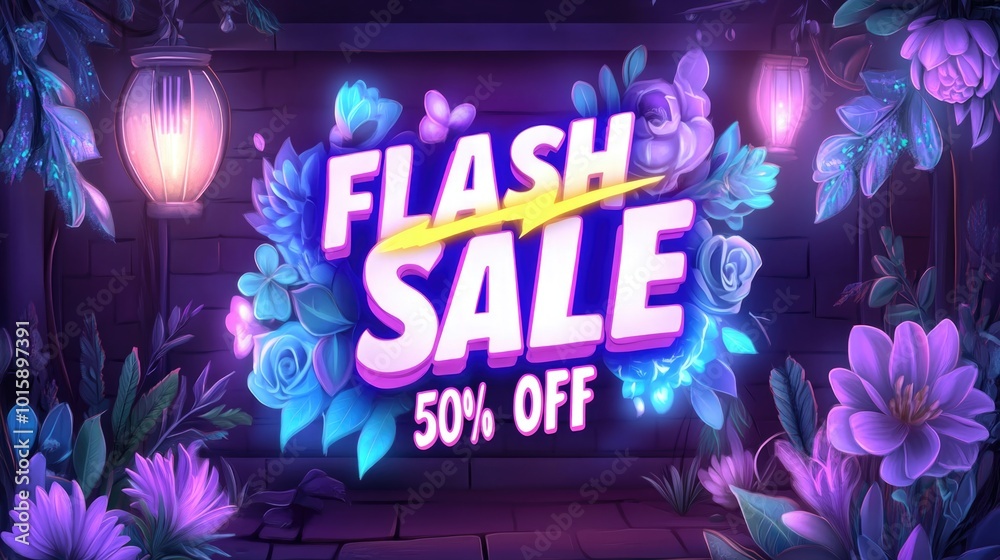 Flash sale promotion with neon lights and floral design 50 off offer for retail marketing Flash sale promotion with neon lights and floral design 50 off offer for retail marketing