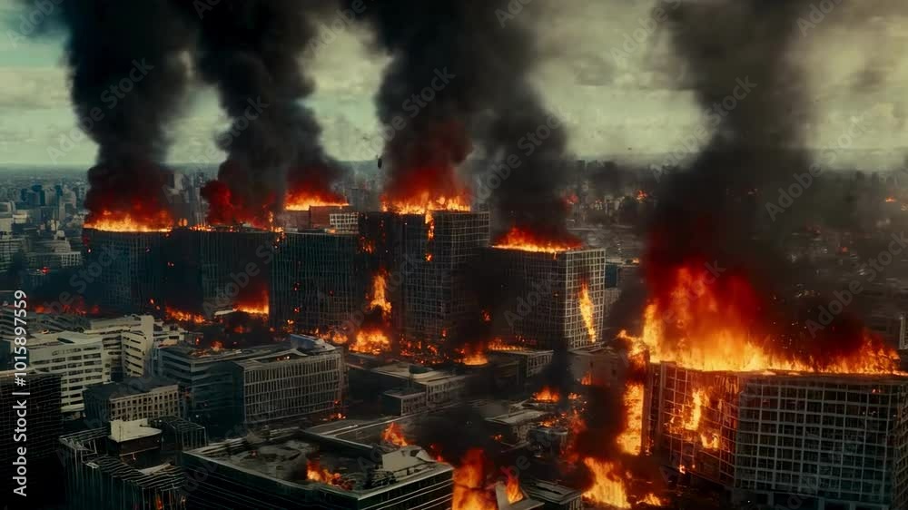 A city is on fire with smoke billowing into the sky A city is on fire with smoke billowing into the sky