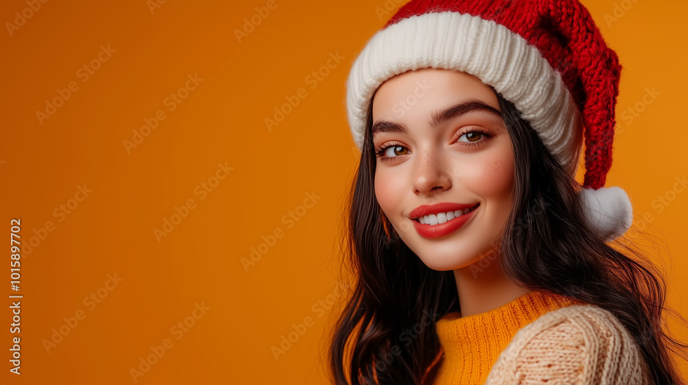 Beautiful model in Christmas outfit poses for a photo on an orange background Beautiful model in Christmas outfit poses for a photo on an orange background