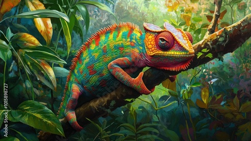 Colorful Chameleon in Tropical Rainforest