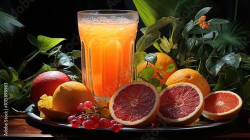 Fresh Citrus Fruits and Juice on Table photo