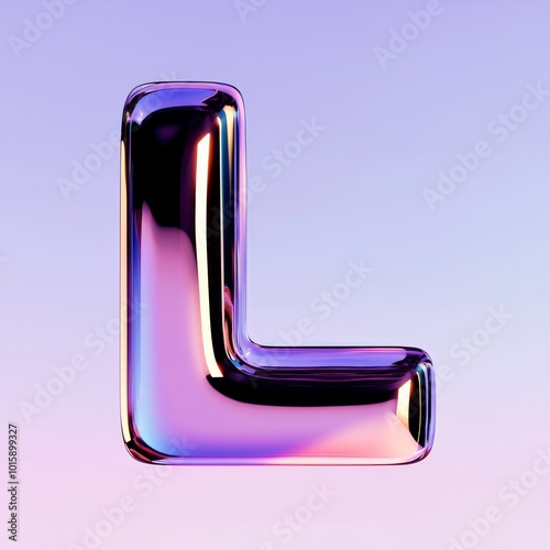 The letter "L", made in 3D style. front view. The letter is filled with abstract geometric shapes and lines, playing with light and shadow. The background is a gradient from light purple to deep blue