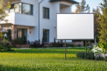Blank yard sign in green grass on the house background. Yard sign mockup 
