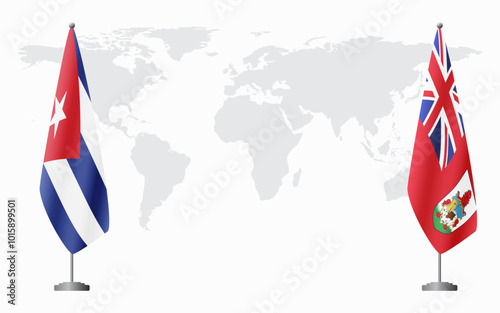 Cuba and Bermuda flags for official meeting against background of world map.
