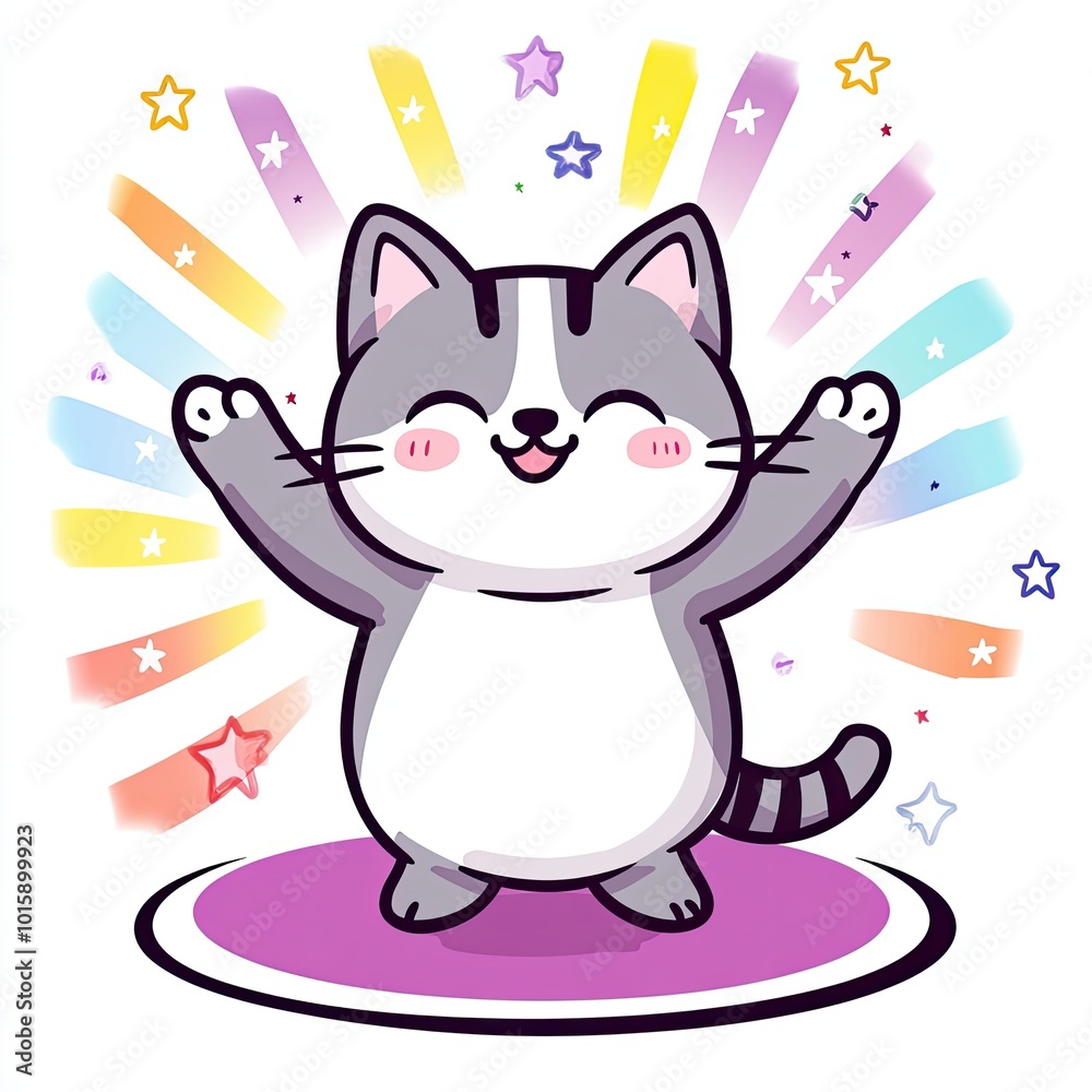 A serene cat sits in a peaceful yoga pose, surrounded by a vibrant, starry background. The scene radiates calmness and contentment. A serene cat sits in a peaceful yoga pose, surrounded by a vibrant, starry background. The scene radiates calmness and contentment.