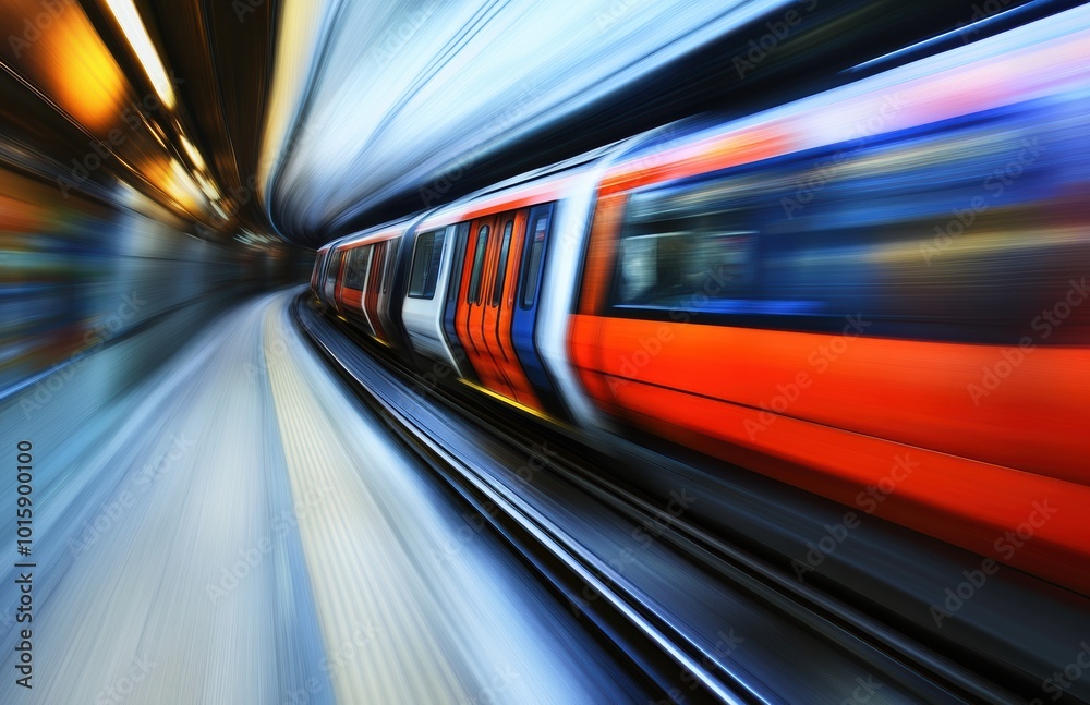 A fast-moving subway train captured with a long exposure, creating dynamic light trails and a sense of speed. The image emphasizes urban motion and modern transportation.