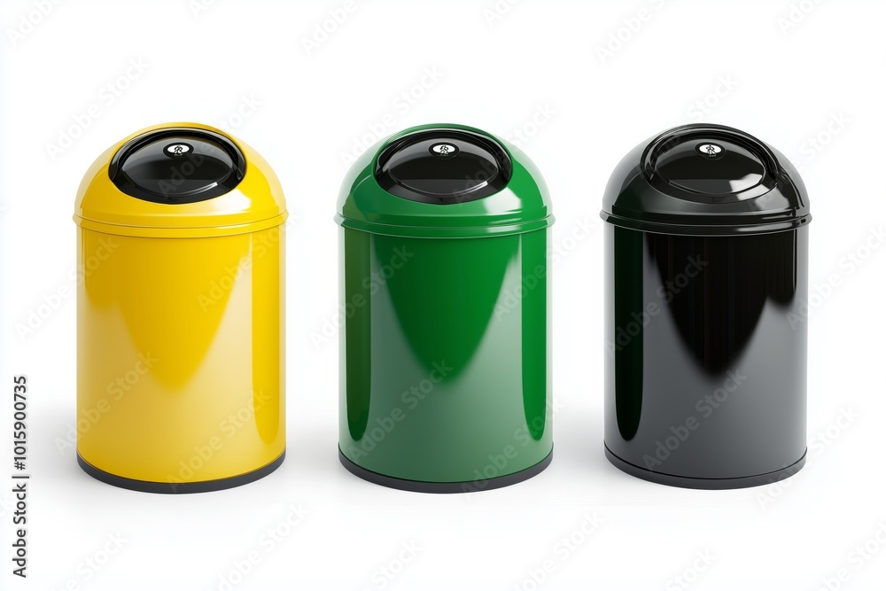 Collection of three recycling bins in different colors (black, green and yellow) isolated on a white background Collection of three recycling bins in different colors (black, green and yellow) isolated on a white background