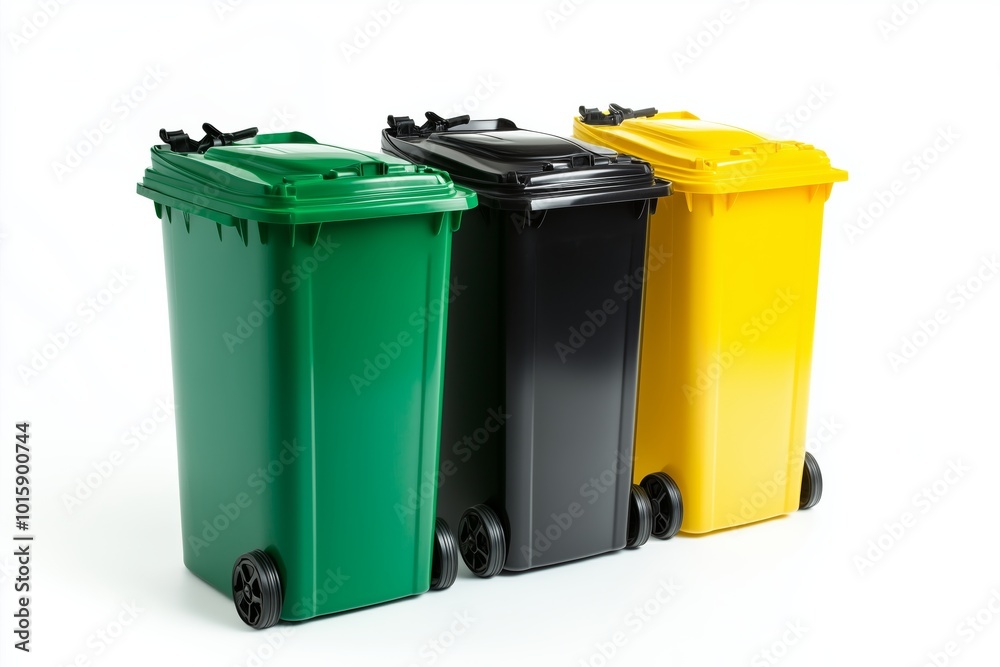 Collection of three recycling bins in different colors (black, green and yellow) isolated on a white background Collection of three recycling bins in different colors (black, green and yellow) isolated on a white background