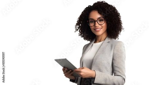 Wallpaper Mural Smiling Black Woman with Curly Hair Holding a Tablet Torontodigital.ca