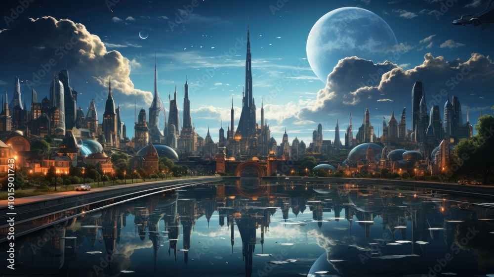 Fototapeta premium Futuristic Cityscape with a Giant Moon