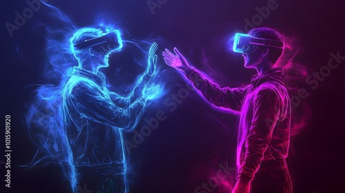 Virtual Reality Connection Futuristic Neon Glowing People in VR Headsets