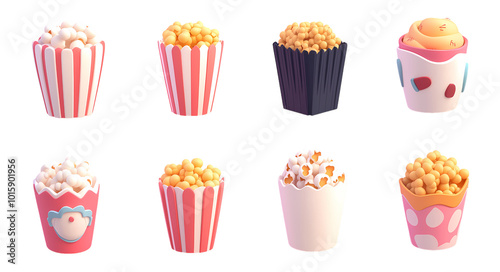 Collection of set 3d Popcorn icon isolated on transparent background. PNG file, cut out