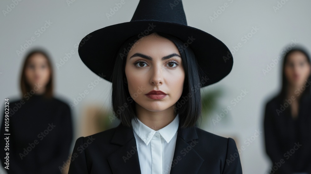A confident woman in a black hat and suit stands at the forefront, flanked by indistinct figures, exuding a sense of mystery and authority. A confident woman in a black hat and suit stands at the forefront, flanked by indistinct figures, exuding a sense of mystery and authority.