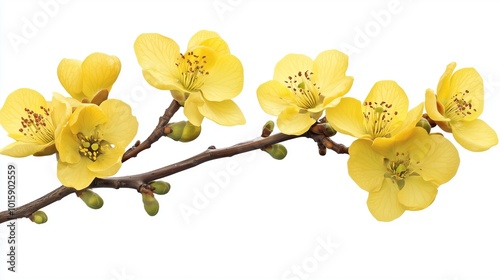 Branch of yellow flowering quince bush isolated on white background