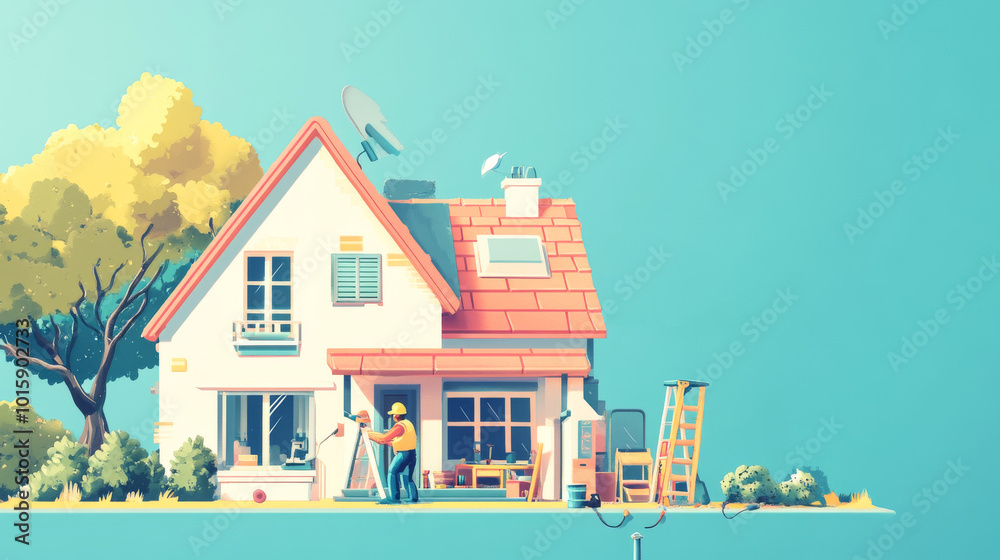 This illustration shows a house with a worker fixing it. It includes tools and equipment, and it's a simple way to represent home repairs. This illustration shows a house with a worker fixing it. It includes tools and equipment, and it's a simple way to represent home repairs.