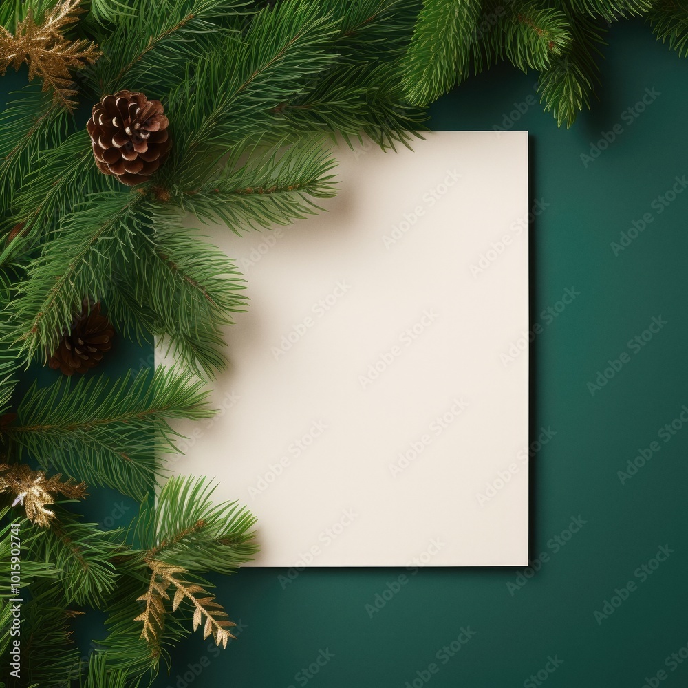 Empty paper on Christmas green background with fir branches Empty paper on Christmas green background with fir branches