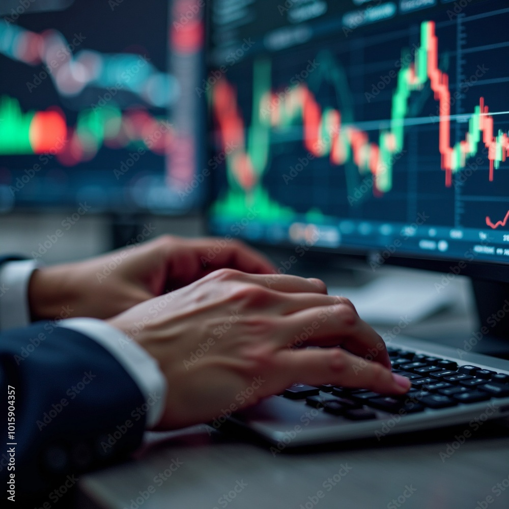 Close-up of Hands Typing on Keyboard with Financial Data on Monitor