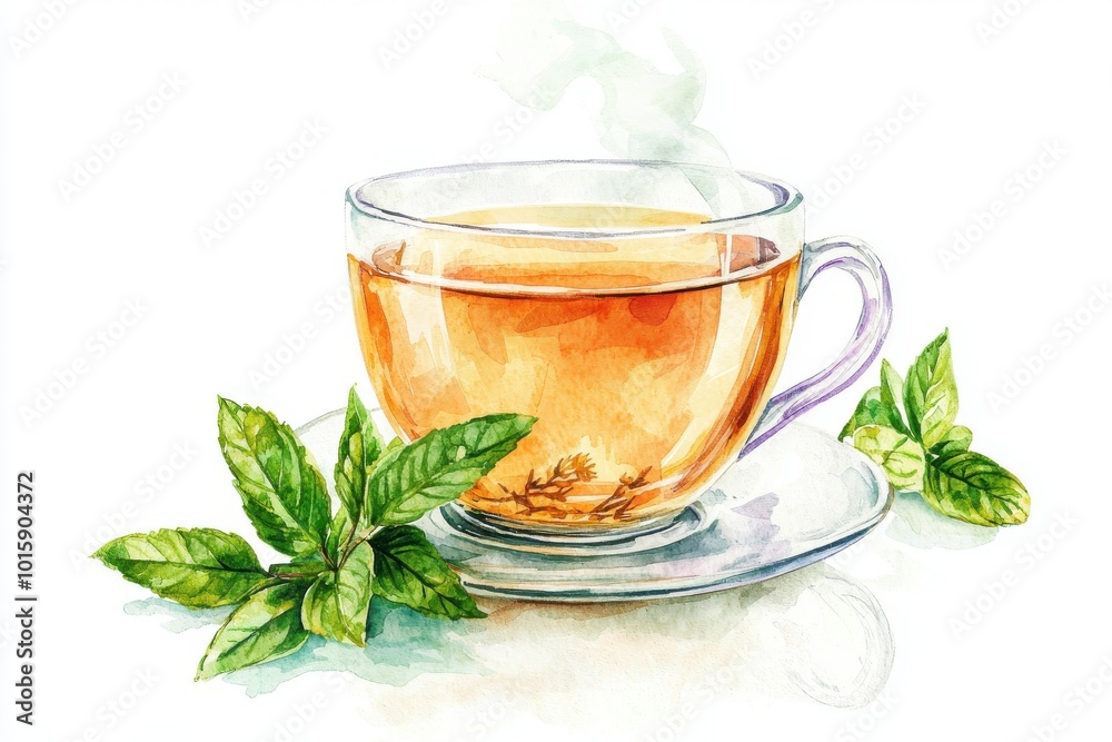 A warm cup of herbal tea surrounded by fresh green leaves, evoking a sense of tranquility and relaxation. A warm cup of herbal tea surrounded by fresh green leaves, evoking a sense of tranquility and relaxation.