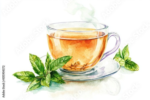 A warm cup of herbal tea surrounded by fresh green leaves, evoking a sense of tranquility and relaxation.