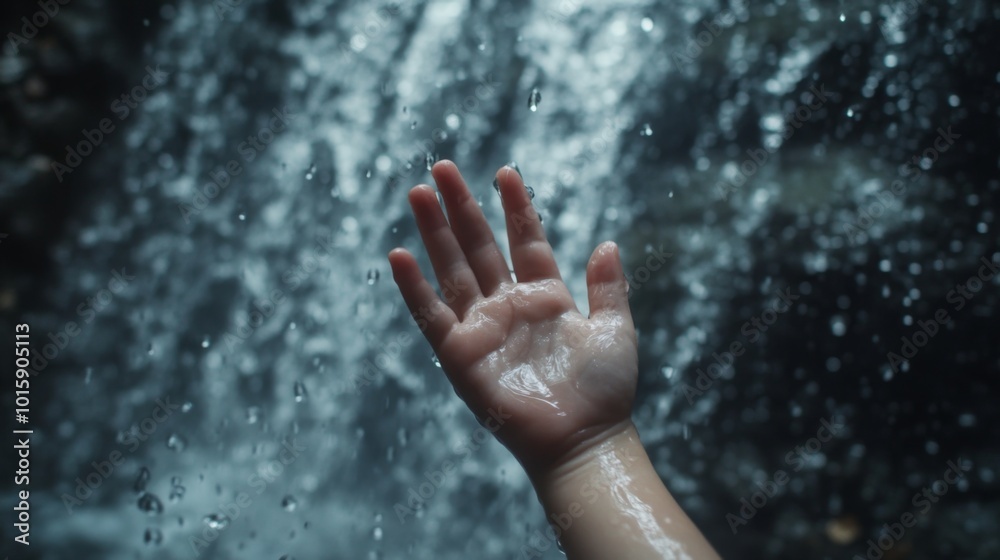 A child's hand reaches out to touch the cascading water of a waterfall. A child's hand reaches out to touch the cascading water of a waterfall.