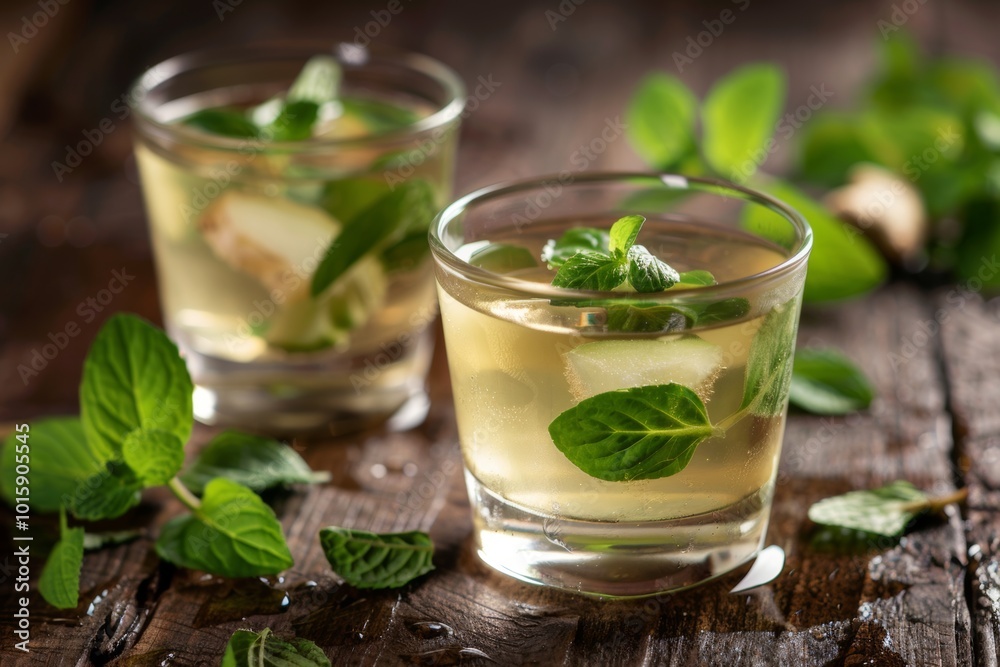 Refreshing mint tea with ice, perfect for a hot summer day. Refreshing mint tea with ice, perfect for a hot summer day.