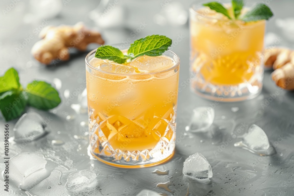 Close-up of a refreshing yellow drink with ice and mint garnishes, perfect for a hot day. Close-up of a refreshing yellow drink with ice and mint garnishes, perfect for a hot day.