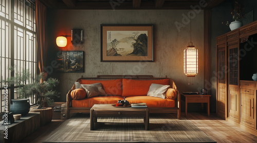 wrom cozy living room interior Chinese style 3d photo