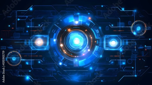 Futuristic Digital Technology Interface with Glowing Blue Lines and Circles