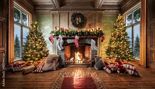 Cozy Fireplace with Christmas Stockings