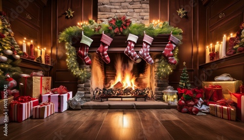 Cozy Fireplace with Christmas Stockings