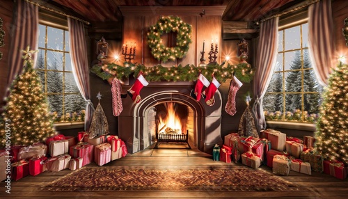 Cozy Fireplace with Christmas Stockings