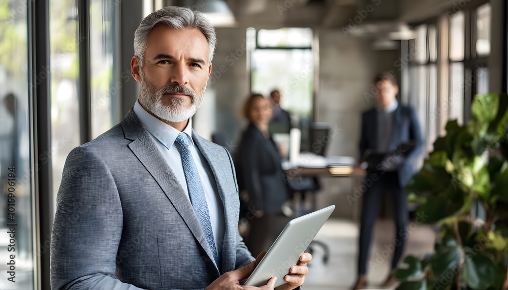 Fototapeta premium Confident Businessman Holding a Tablet in an Office Setting
