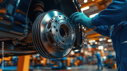 Mechanic works on a brake component in a modern automotive workshop. The image showcases precision engineering and a professional environment in the auto industry. photo