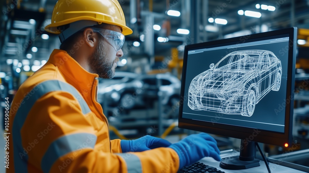 Factory engineer utilizes advanced software to design an automotive model. The workspace showcases safety gear and the process of vehicle design. Factory engineer utilizes advanced software to design an automotive model. The workspace showcases safety gear and the process of vehicle design.