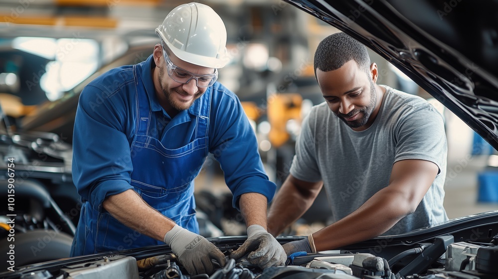 Two skilled mechanics collaboratively working on an automotive engine in a repair shop, showcasing teamwork and professionalism in the automotive industry. Two skilled mechanics collaboratively working on an automotive engine in a repair shop, showcasing teamwork and professionalism in the automotive industry.