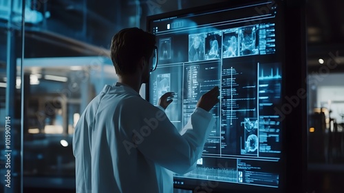 Scientist Analyzing Data on Large Touch Screen Display