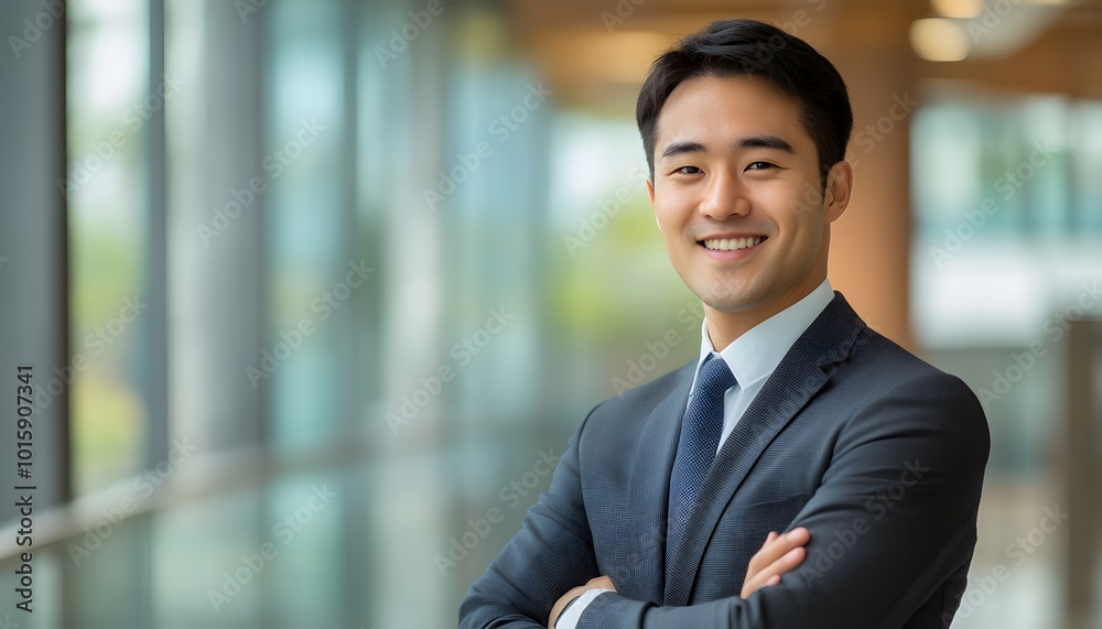 Smiling Asian Businessman with Arms Crossed in a Modern Office Setting Smiling Asian Businessman with Arms Crossed in a Modern Office Setting