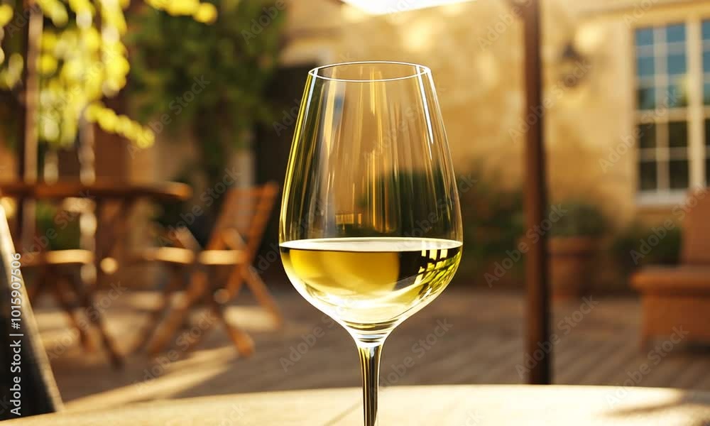 Glass of White Wine on a Patio Table