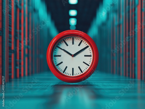 Red clock on a blurred background of server racks, symbolizing time management photo