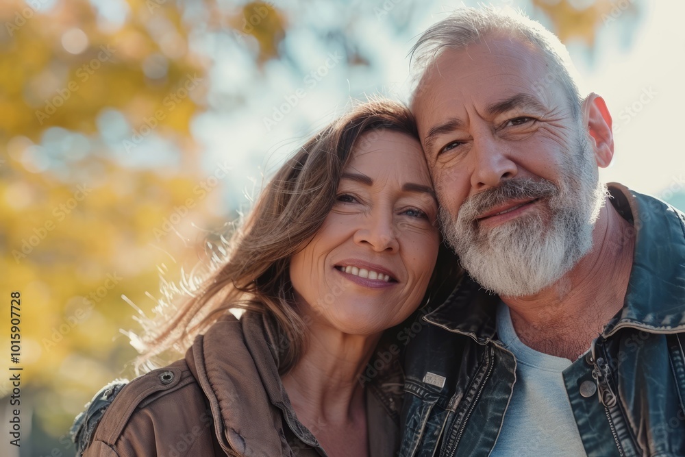 Portrait of happy senior couple embracing in autumn park. Man and woman looking at camera and smiling. Portrait of happy senior couple embracing in autumn park. Man and woman looking at camera and smiling.