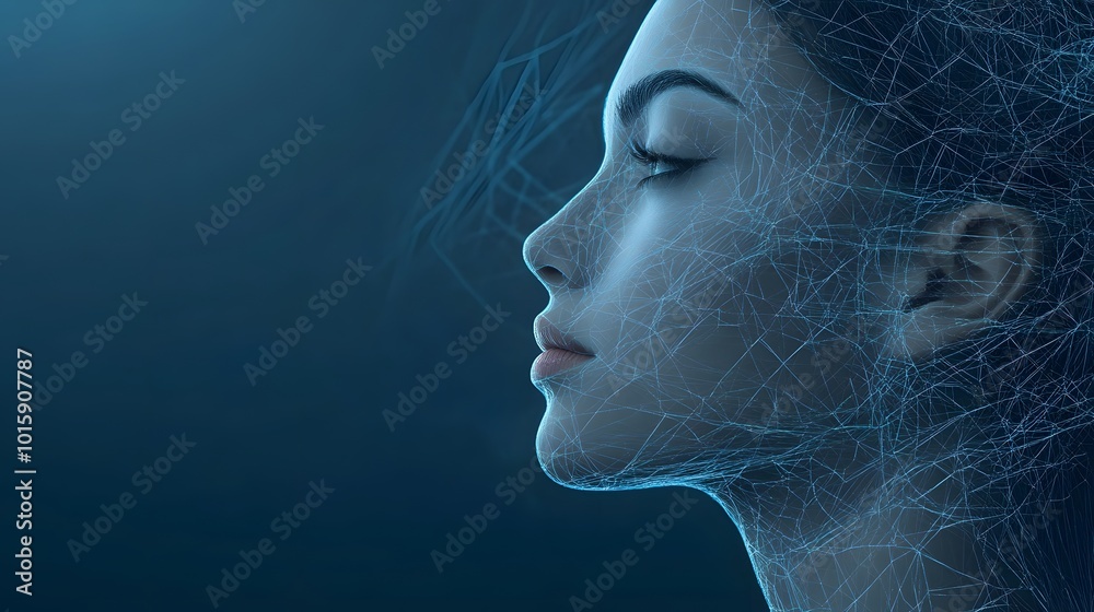 Woman s Face Covered in Web Like Pattern Abstract Technology Blue Background Woman s Face Covered in Web Like Pattern Abstract Technology Blue Background