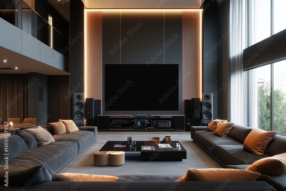 blank tv screen mock up with audio set in homy modern living room by generative ai blank tv screen mock up with audio set in homy modern living room by generative ai