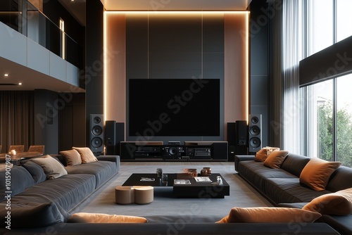 blank tv screen mock up with audio set in homy modern living room by generative ai photo